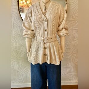 Anthropologie Cream Peplum Belted Cable Knit Button Cardigan Sweater NWT